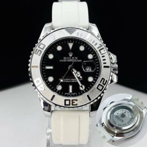 Relógio Rolex Yacht Master 1ª Linha No Atacado – Prata, Preto e Branco – Pulseira de Borracha