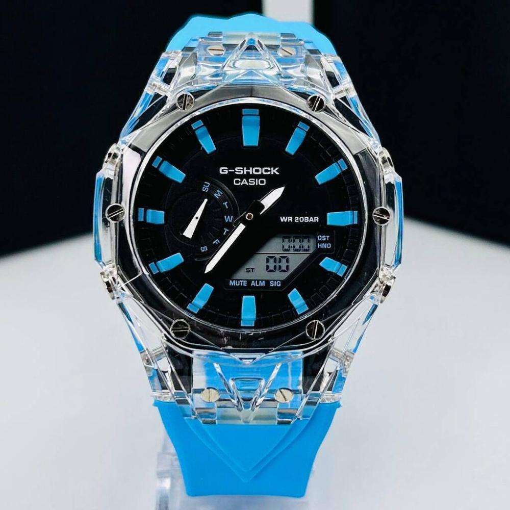Relógio Gshock WR 20 Bar 2100 no Atacado – Transparente com Azul Piscina e Preto – Pulseira de Borracha | Relógios Para Revender Relógio Gshock WR 20 Bar 2100 no Atacado – Transparente com Azul Piscina e Preto – Pulseira de Borracha