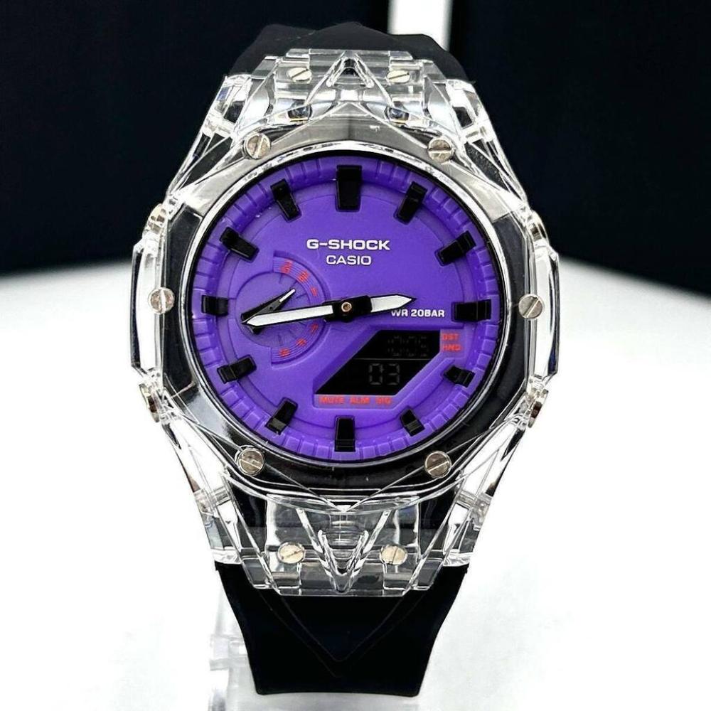 Relógio Gshock WR 20 Bar 2100 no Atacado – Transparente, Roxo e Preto – Pulseira de Borracha | Relógios Para Revender Relógio Gshock WR 20 Bar 2100 no Atacado – Transparente, Roxo e Preto – Pulseira de Borracha