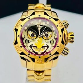 Relógio Invicta Joker Curinga Primeira Linha no Atacado – Dourado com Fundo Branco e Roxo + Caixa + Frete Grátis