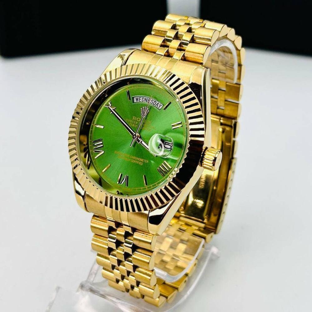 Relógio Rolex Linha Diamante Day Date Nº Romanos Dourado e Verde no Atacado - Pulseira Jubileu de Aço | Relógios Para Revender Relógio Rolex Linha Diamante Day Date Nº Romanos Dourado e Verde no Atacado – Pulseira Jubileu de Aço